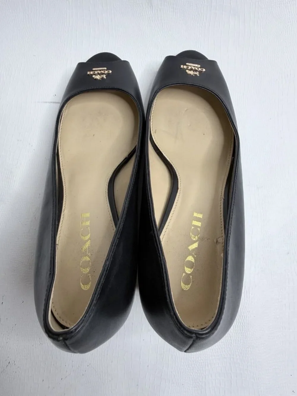 Coach Black Leather Peep Toe Wedge Heels Gold Badge Women’s Sz 7B